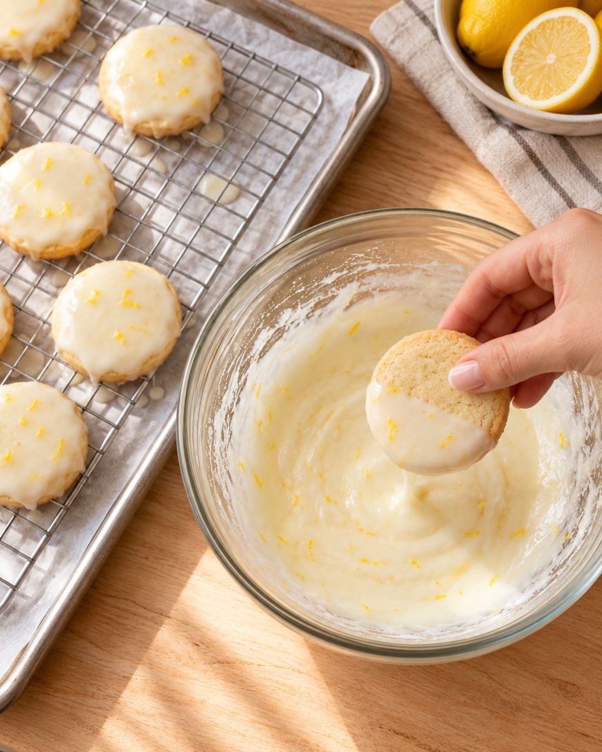 A hand dips a round cookie into lemon glaze in a glass bowl, with more glazed cookies cooling on a wire rack and a bowl of lemons nearby on a wooden table.