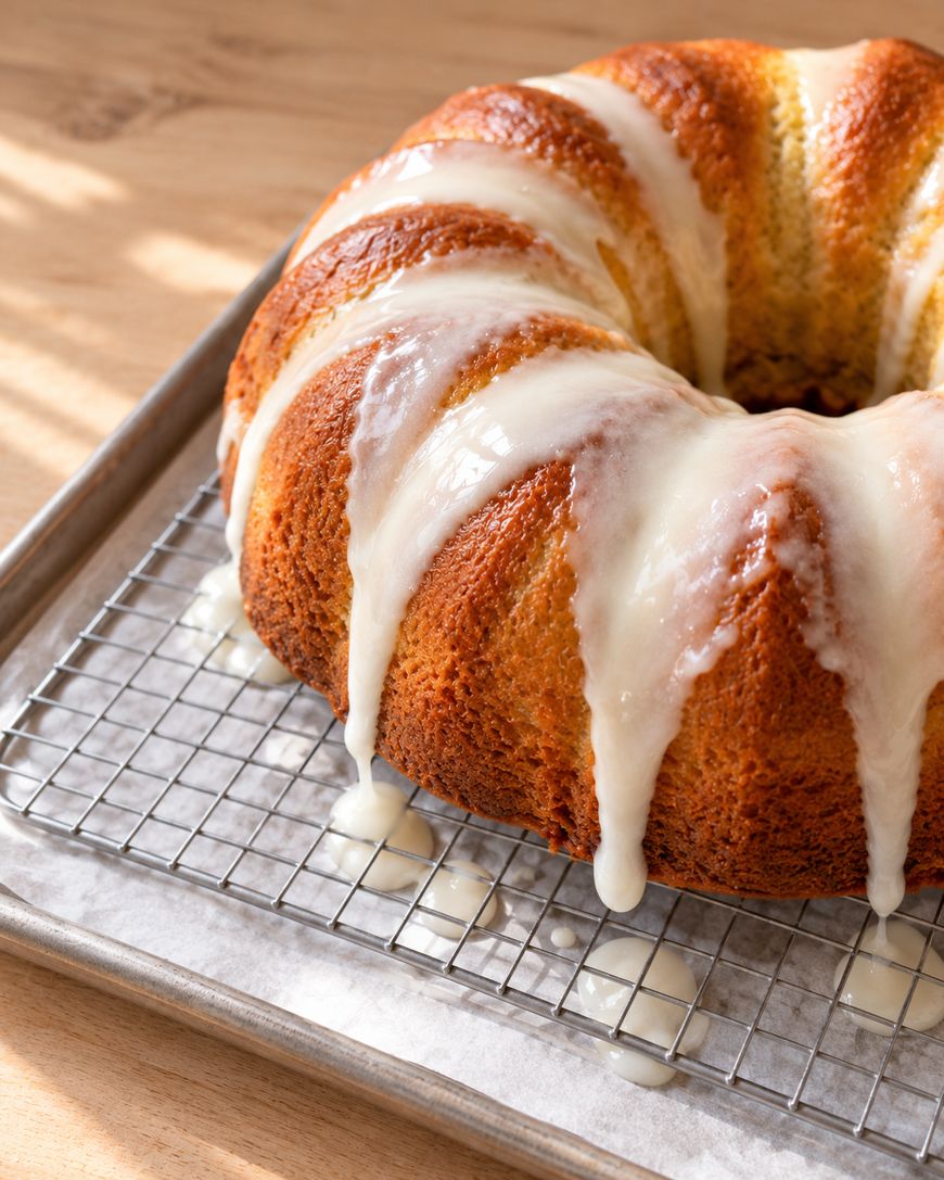 A golden bundt cake with white glaze drizzled on top sits on a wire rack over a baking sheet. Sunlight highlights the cakes texture and the glaze dripping down the sides.