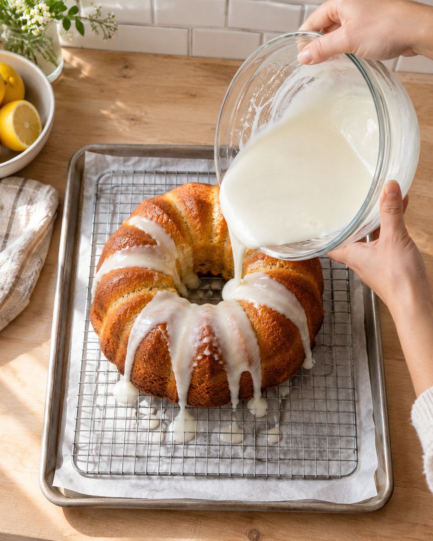 A person pours white glaze over a bundt cake on a wire rack, with lemons and a striped towel nearby on a wooden counter.
