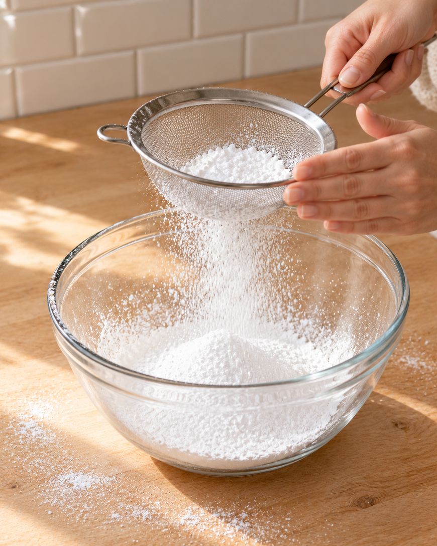 A person sifts powdered sugar into a clear glass mixing bowl on a wooden countertop, with some sugar scattered around.