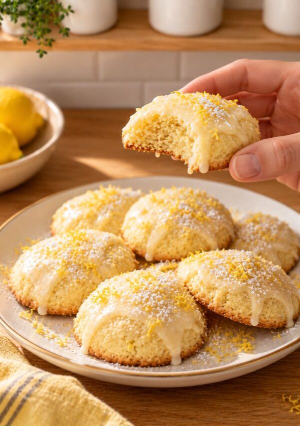 A hand holds a lemon-glazed cookie above a plate of matching cookies topped with lemon zest.