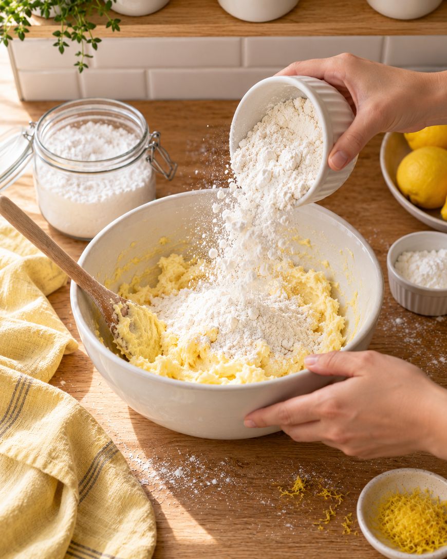 Hands pouring flour from a small bowl into a large mixing bowl containing batter.