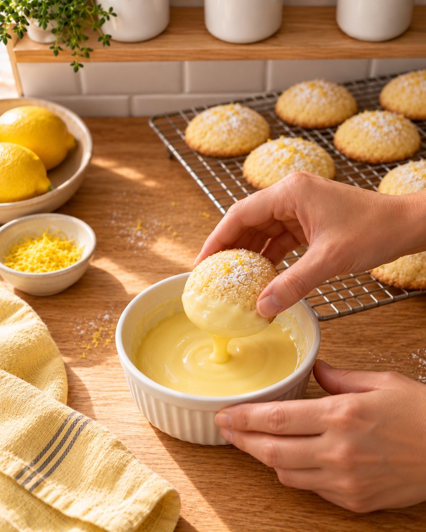 A hand dips a lemon cookie into a small bowl of lemon glaze, with a wire cooling rack of cookies nearby.