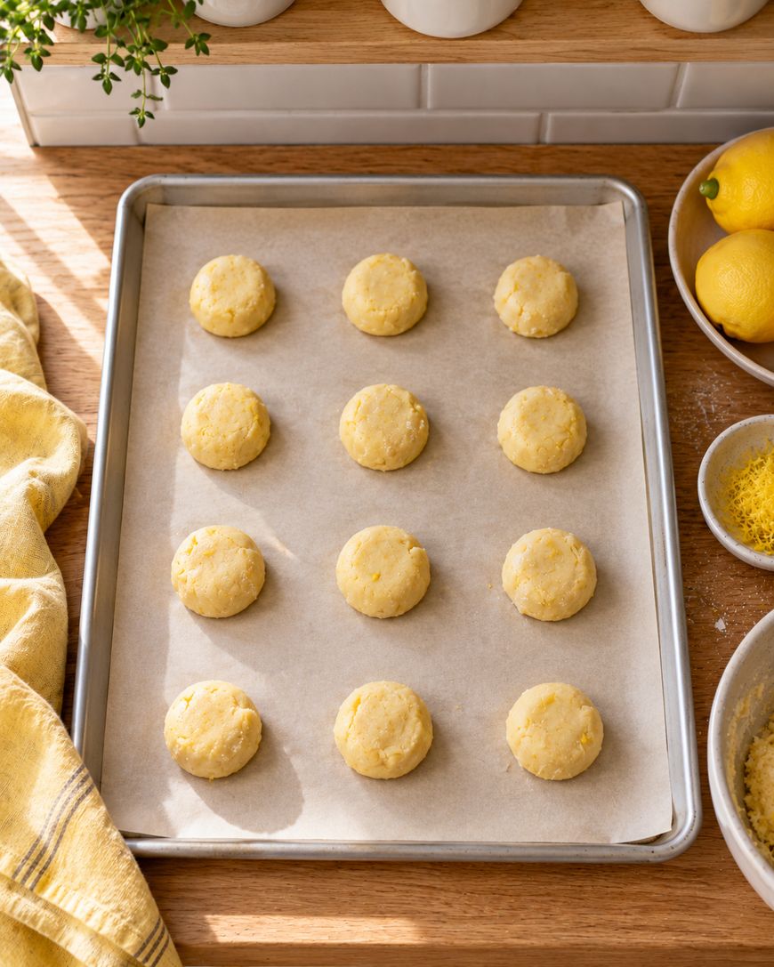 Twelve round, unbaked cookie dough balls arranged in rows on a parchment-lined baking sheet.