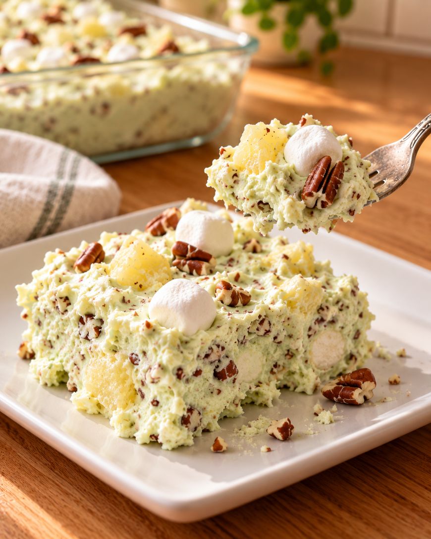 A square of pistachio fluff salad containing pineapple, marshmallows, and pecans on a white plate, with a fork lifting a portion.