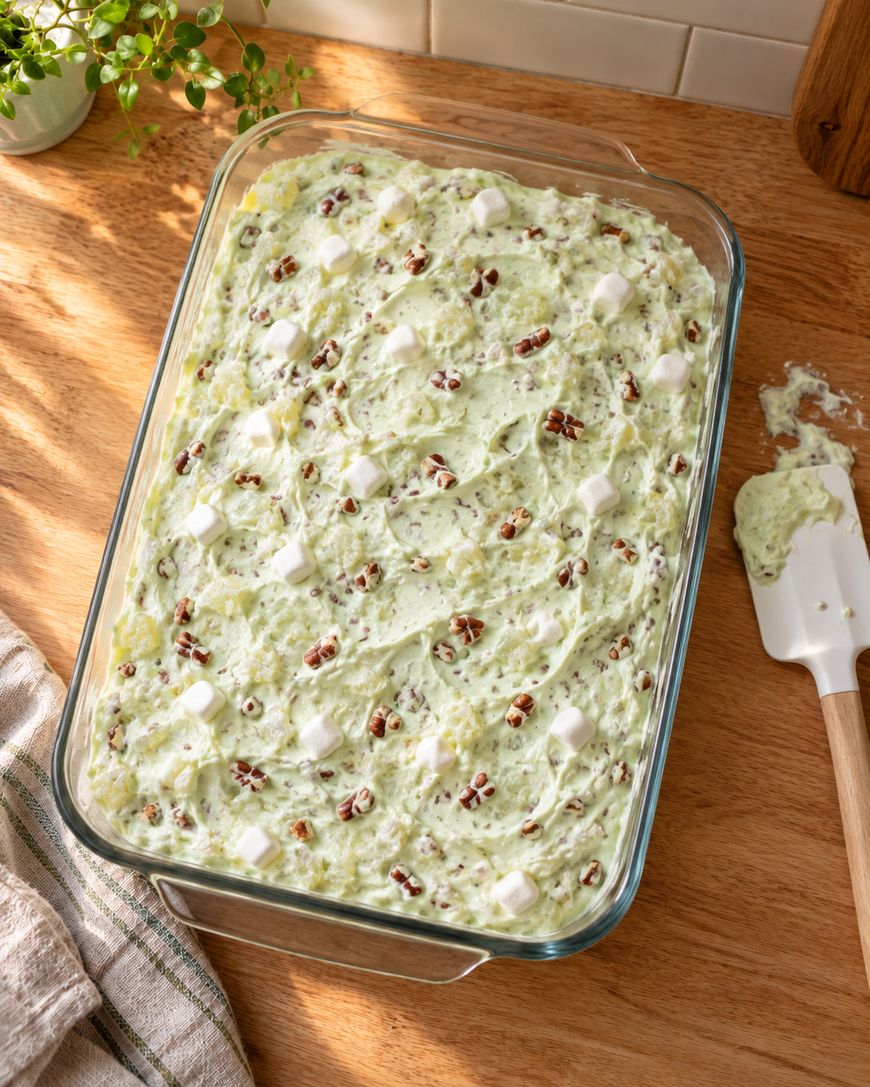 A glass baking dish filled with a light green creamy dessert salad topped with marshmallows and pecans, with a spatula on the side.