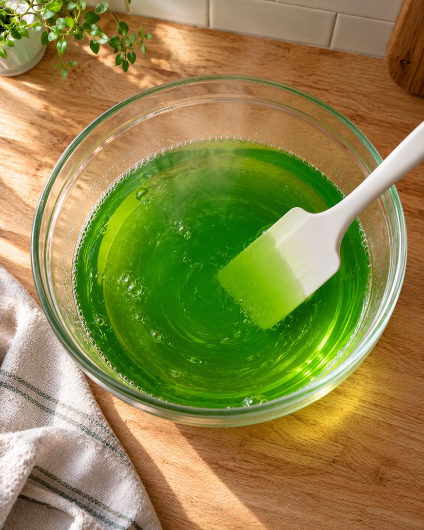 A white silicone spatula stirs a bowl of steaming green liquid.