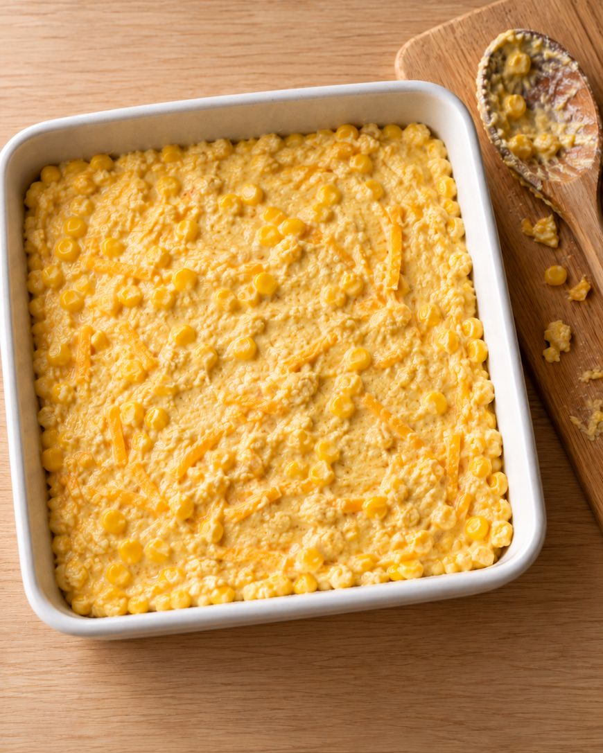 A square baking dish filled with corn casserole topped with shredded cheese, with a wooden spoon resting on a board nearby.