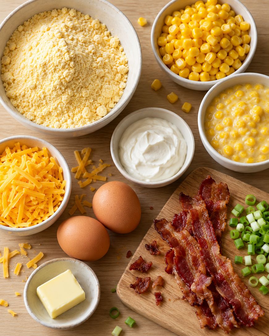 Bowls of cornmeal, corn kernels, creamed corn, shredded cheddar, sour cream, and butter, with two eggs, cooked bacon, and chopped green onions on a wooden table.