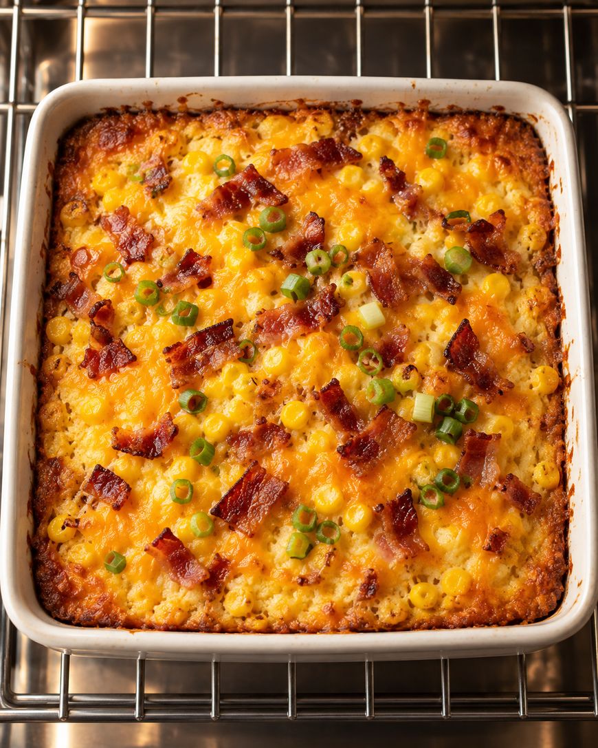 Baked corn casserole in a white baking dish, topped with melted cheddar cheese, bacon bits, and sliced green onions.