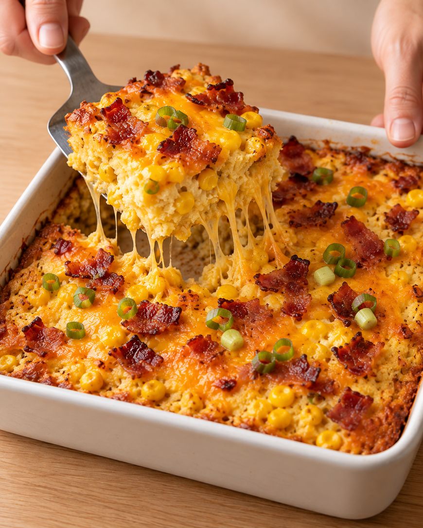A metal spatula lifts a square of cheesy corn casserole topped with bacon and green onions from a baking dish, with melted cheese stretching between the pieces.