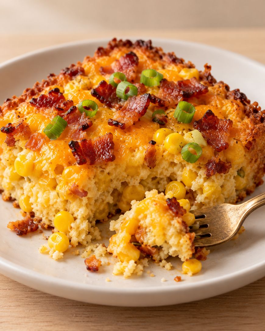 A square serving of corn casserole topped with melted cheese, crispy bacon, and green onions on a white plate, with a fork lifting a bite.
