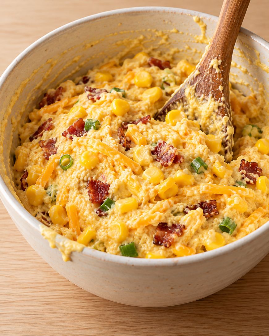 A large ceramic bowl filled with corn salad mixed with shredded cheese, bacon bits, and chopped green onions, with a wooden spoon tucked into the side.