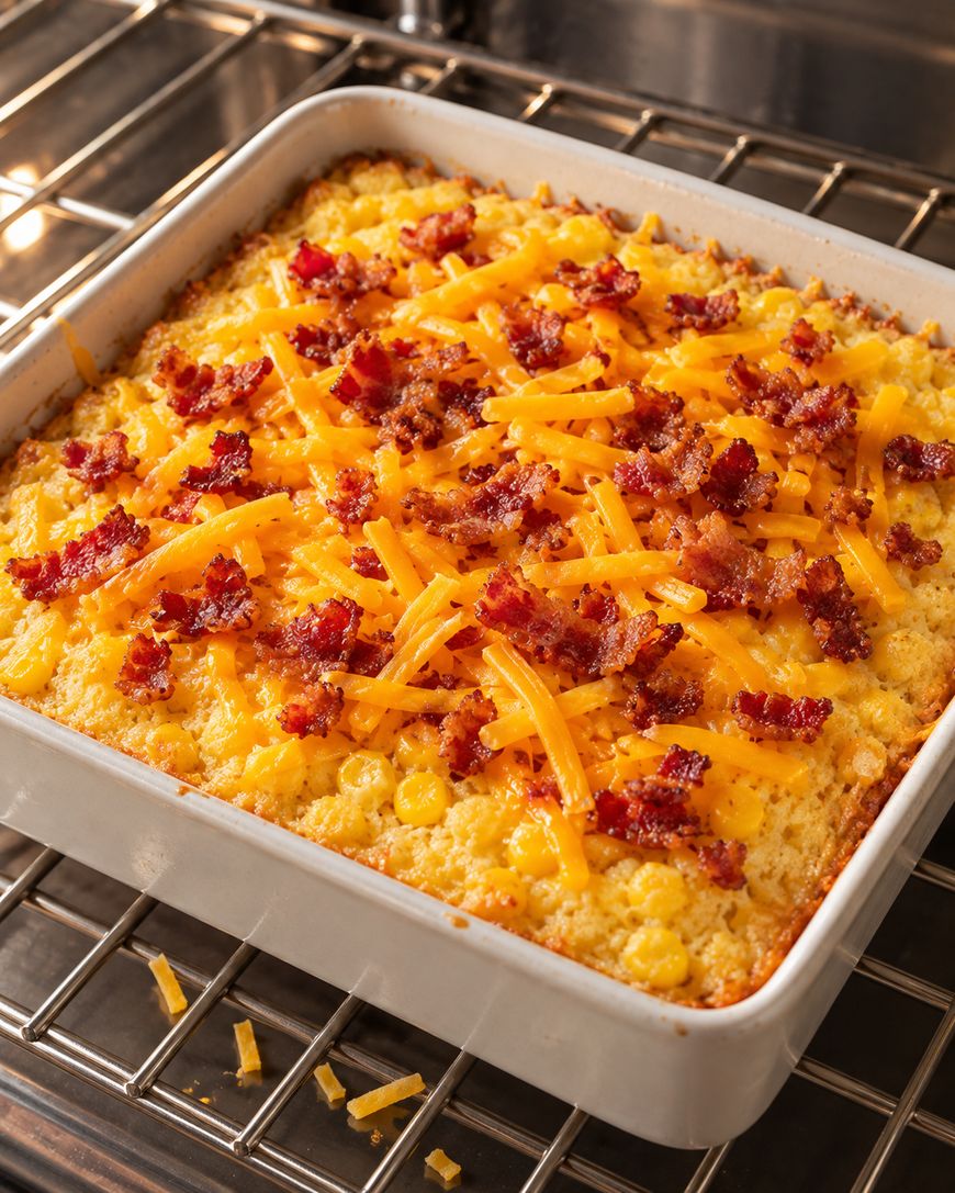 A square baking dish containing corn casserole topped with shredded cheddar cheese and bacon bits, sitting on an oven rack.
