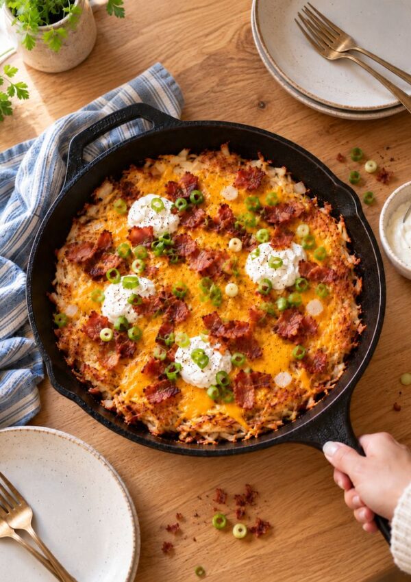 A cast-iron skillet filled with hash browns topped with melted cheese, bacon bits, green onions, and dollops of sour cream.
