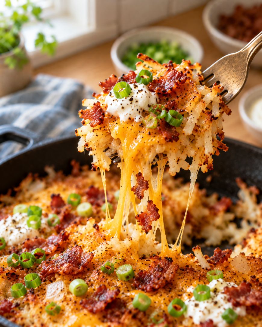 A fork lifts a bite of cheesy, bacon-topped hash browns from a cast iron skillet, with melted cheese stretching between the fork and the dish.