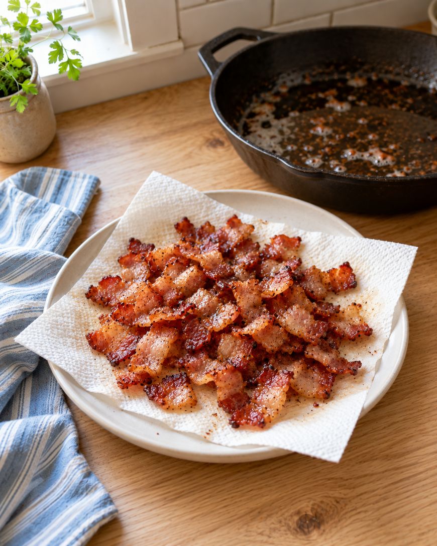 Crispy bacon bits on a paper towel-lined plate next to a cast-iron skillet.