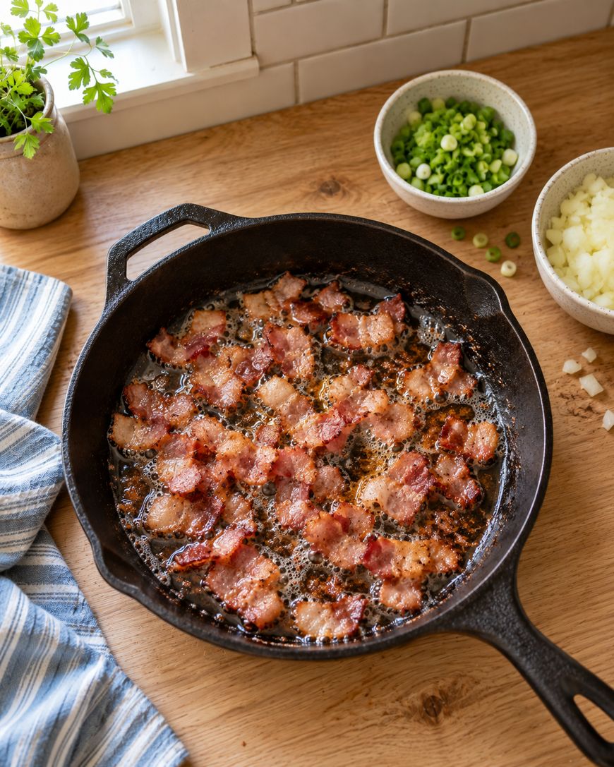 Bacon frying in a cast iron skillet, with bowls of chopped green onions and potatoes nearby on a wooden counter.