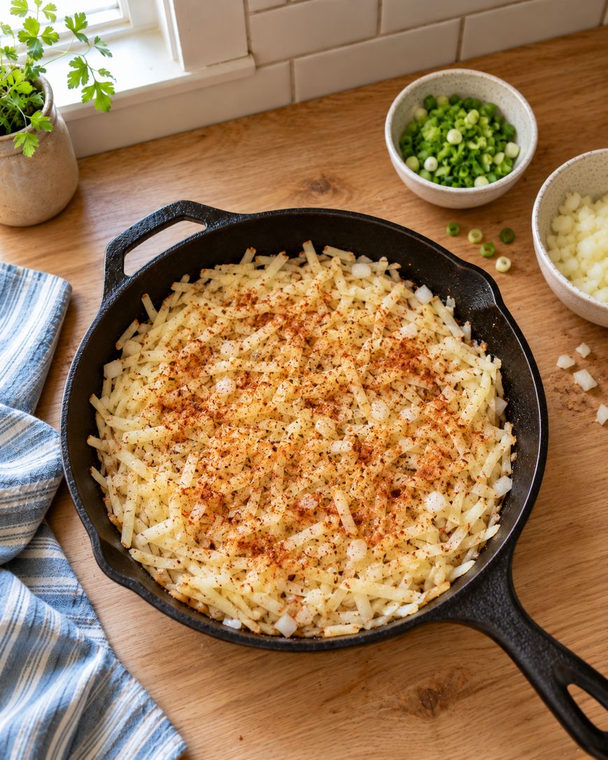 A cast iron skillet filled with hash browns, accompanied by small bowls of chopped green onions and onions on a wooden counter.