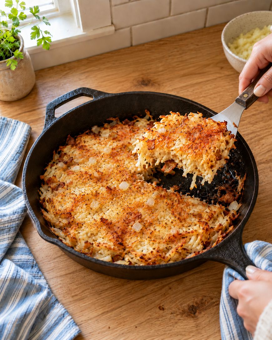 A spatula lifts a portion of crispy hash browns from a cast-iron skillet.