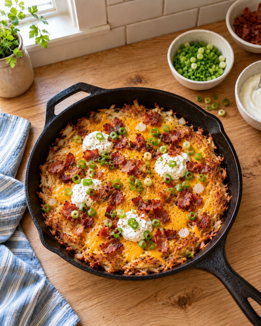 Cast iron skillet filled with crispy hash browns topped with melted cheddar cheese, bacon bits, dollops of sour cream, and sliced green onions.