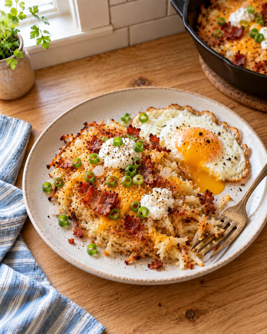 Hash browns topped with melted cheese, bacon, sour cream, and sliced green onions, served with a sunny-side up egg on a plate.