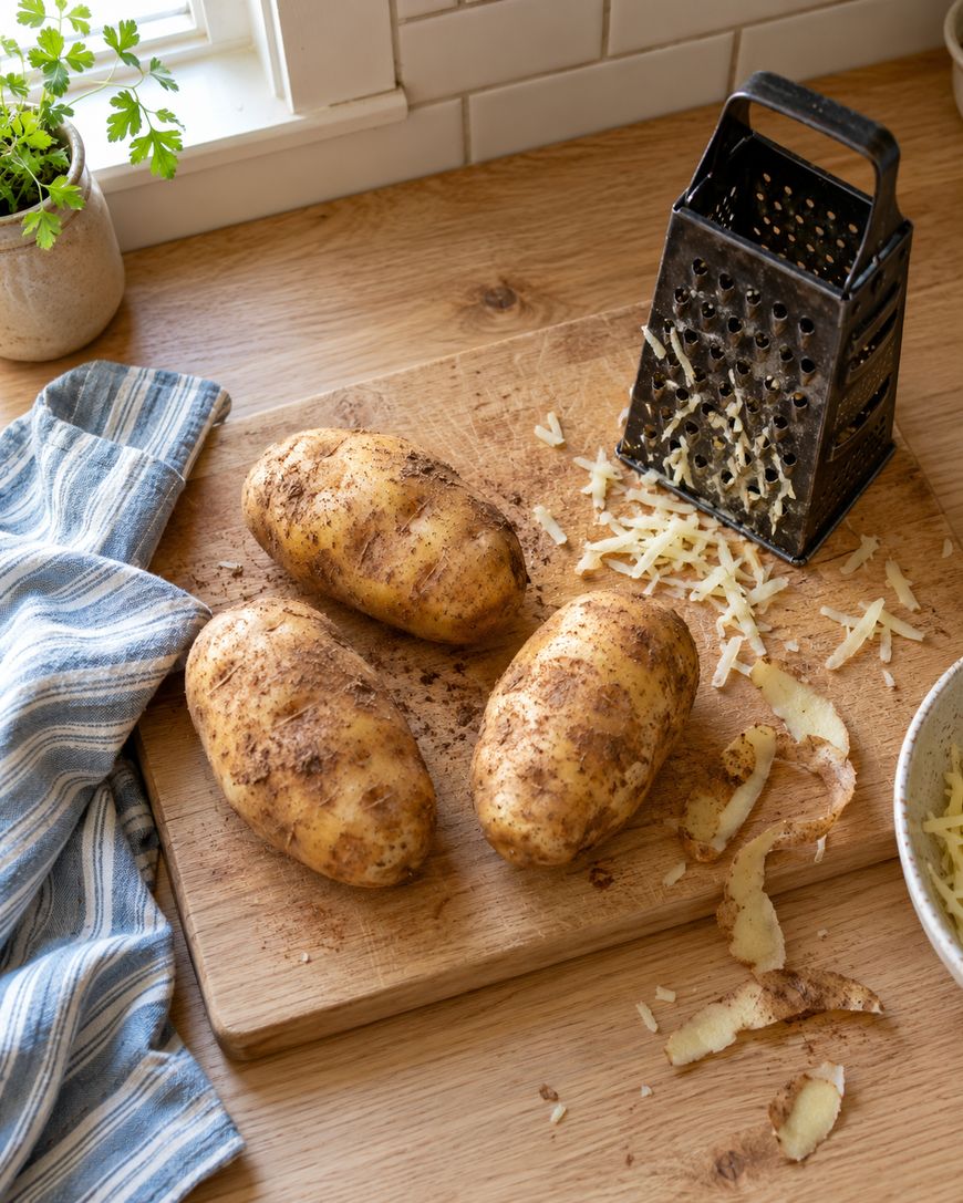 Three whole potatoes and a box grater with potato shavings on a wooden cutting board.