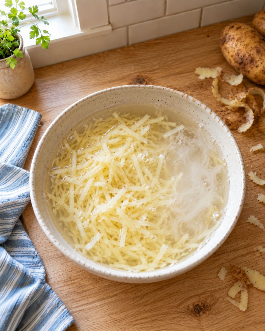 A ceramic bowl filled with julienned potatoes soaking in water, sitting on a wooden countertop next to potato peels and a whole potato.