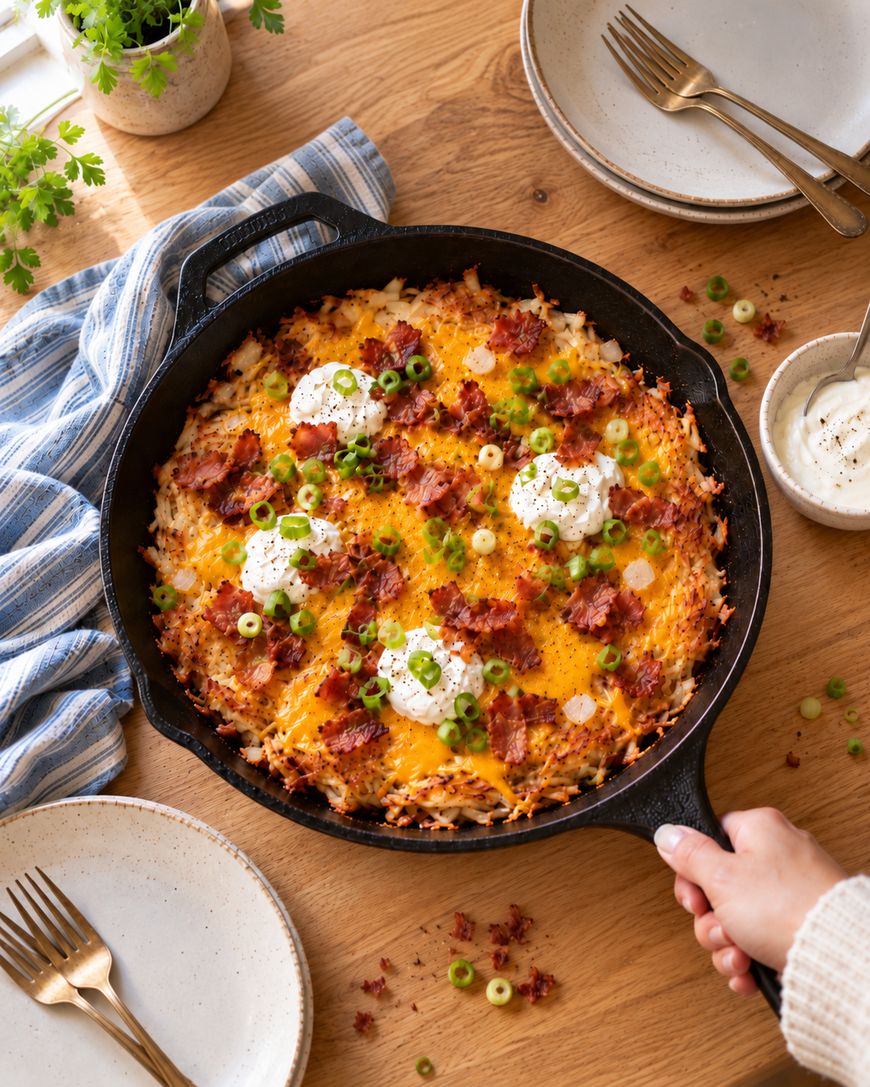 A cast-iron skillet filled with a hash brown casserole topped with melted cheese, crumbled bacon, green onions, and dollops of sour cream.