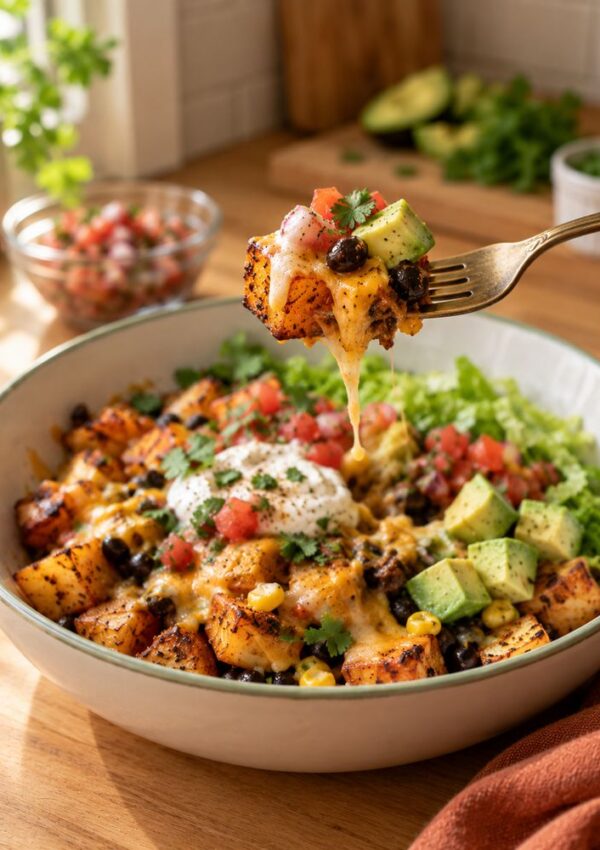 A fork lifts a bite of seasoned potato, melted cheese, black beans, and avocado from a bowl of loaded potato hash topped with sour cream, pico de gallo, and lettuce.