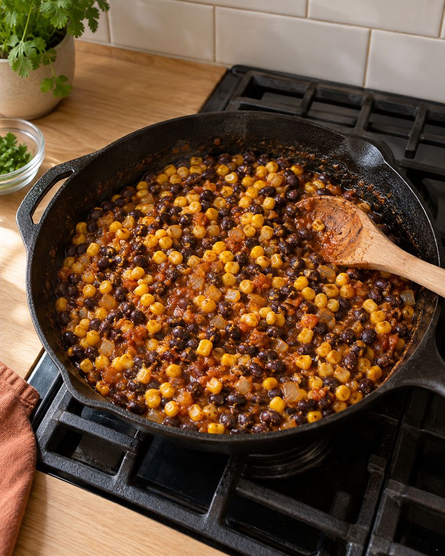 A cast-iron skillet on a stovetop containing a mixture of black beans and corn in a tomato-based sauce, with a wooden spoon resting in the pan.