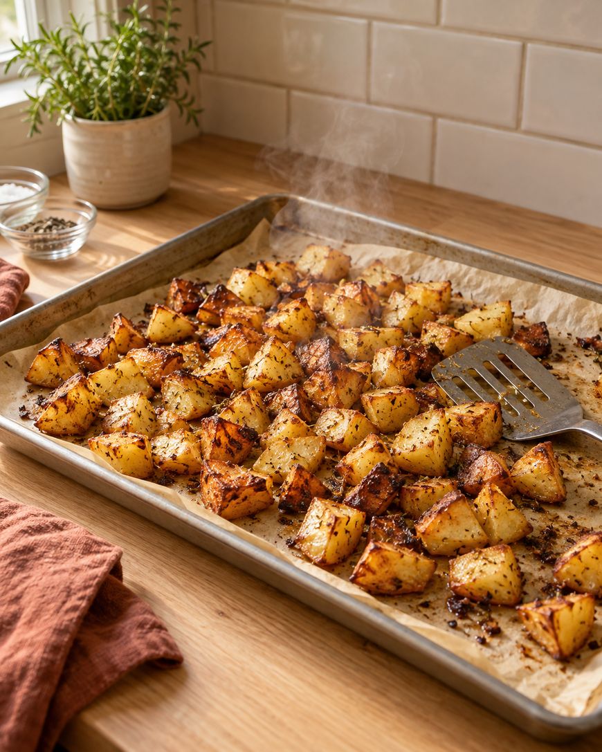 Steaming roasted potato cubes with herbs on a parchment-lined baking sheet, with a metal spatula.