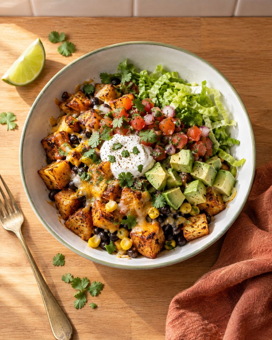 A bowl of breakfast potatoes with black beans, corn, diced avocado, shredded lettuce, salsa, and a dollop of sour cream, served with a lime wedge.