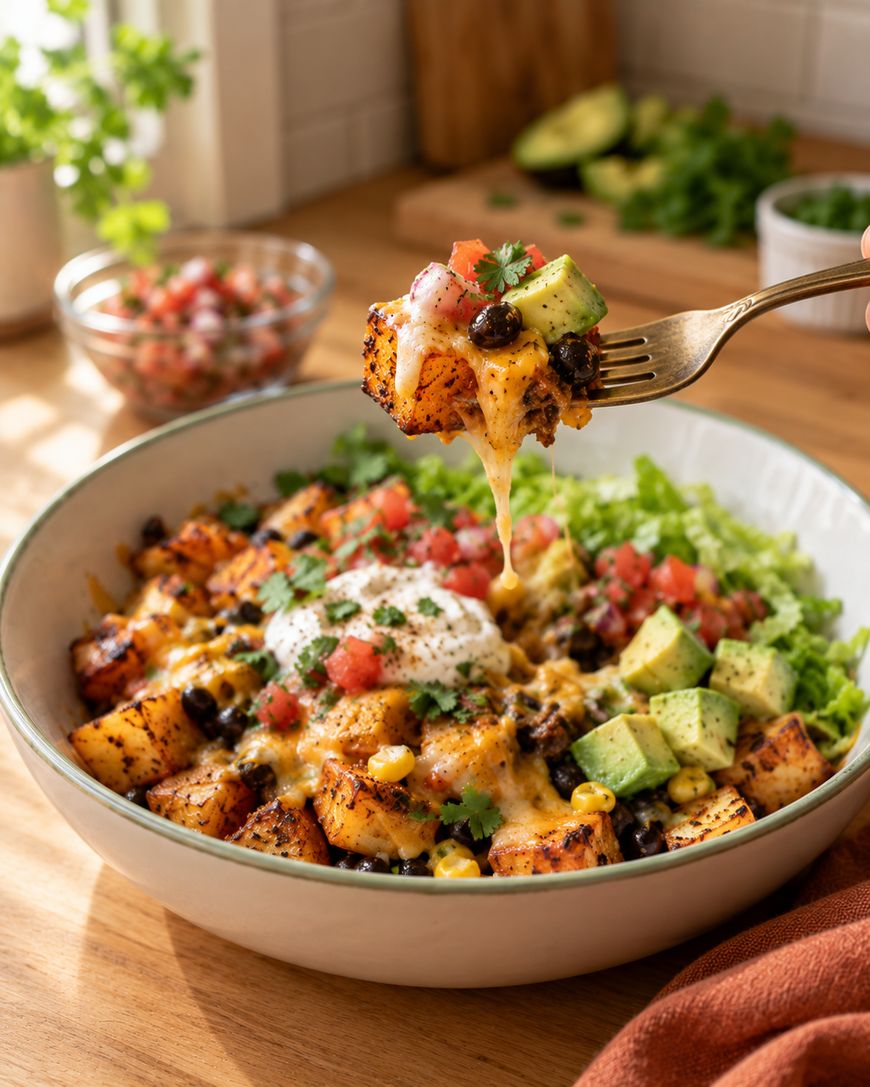 A fork lifts a bite of potato, black bean, and avocado hash with melted cheese from a bowl topped with sour cream, tomatoes, and cilantro.