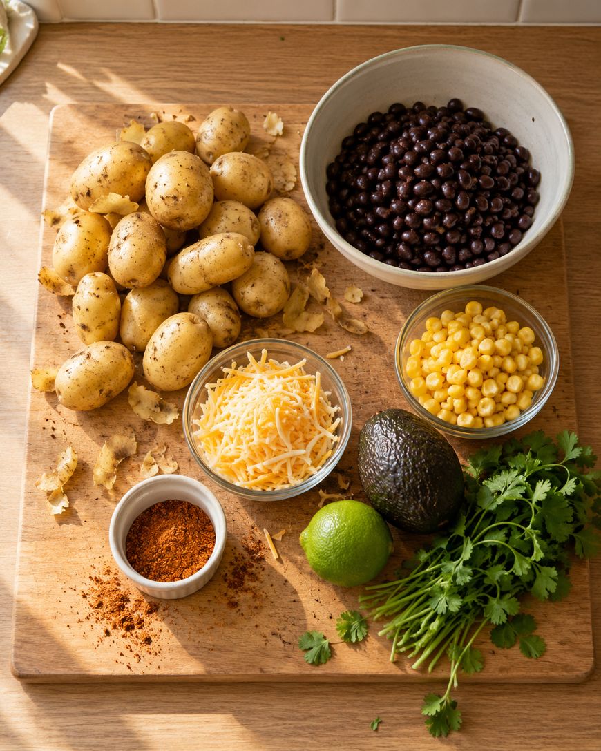 A wooden cutting board with a pile of potatoes, a bowl of black beans, a bowl of shredded cheese, a bowl of corn, a bowl of spices, an avocado, a lime, and a bunch of fresh cilantro.