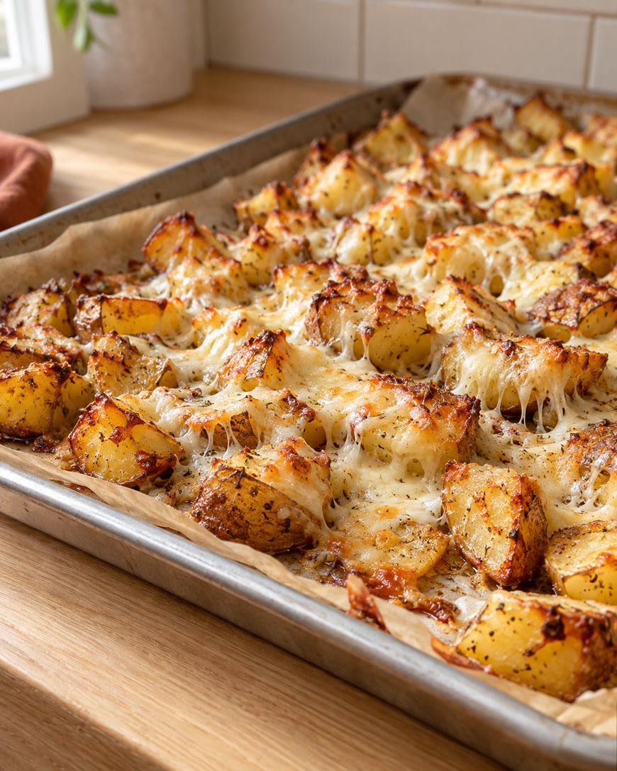 Roasted potato wedges topped with melted cheese and herbs on a parchment-lined baking sheet.