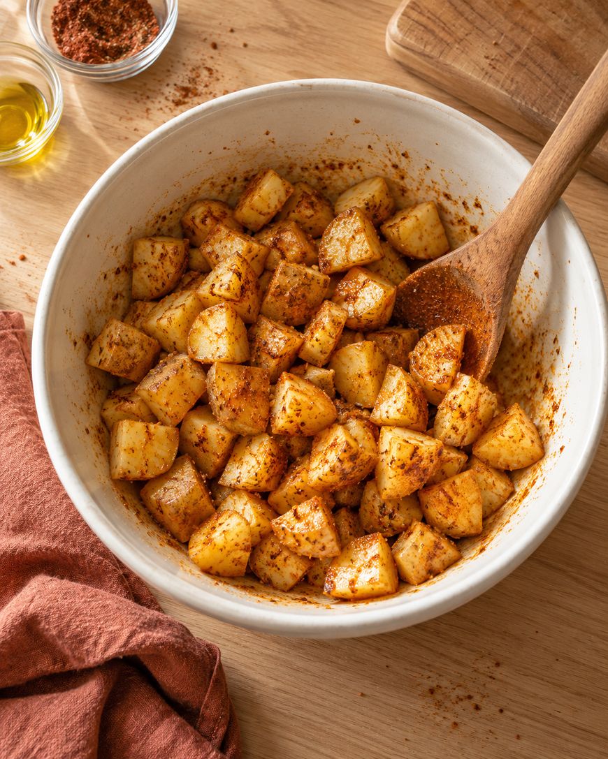 A white bowl filled with cubed potatoes seasoned with spices and a wooden spoon, next to small bowls of oil and seasoning on a wooden table.