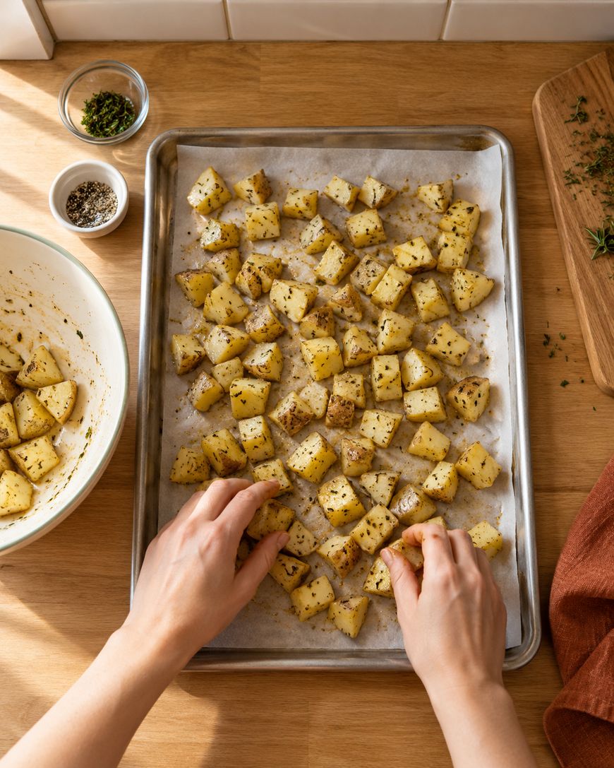 Hands arranging seasoned potato cubes on a parchment-lined baking sheet.
