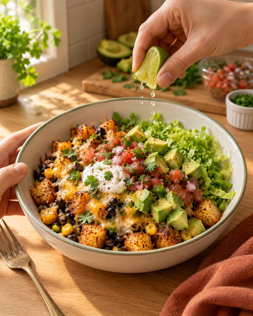 A hand squeezes a lime wedge over a bowl filled with black beans, roasted potatoes, corn, avocado, pico de gallo, and a dollop of sour cream.