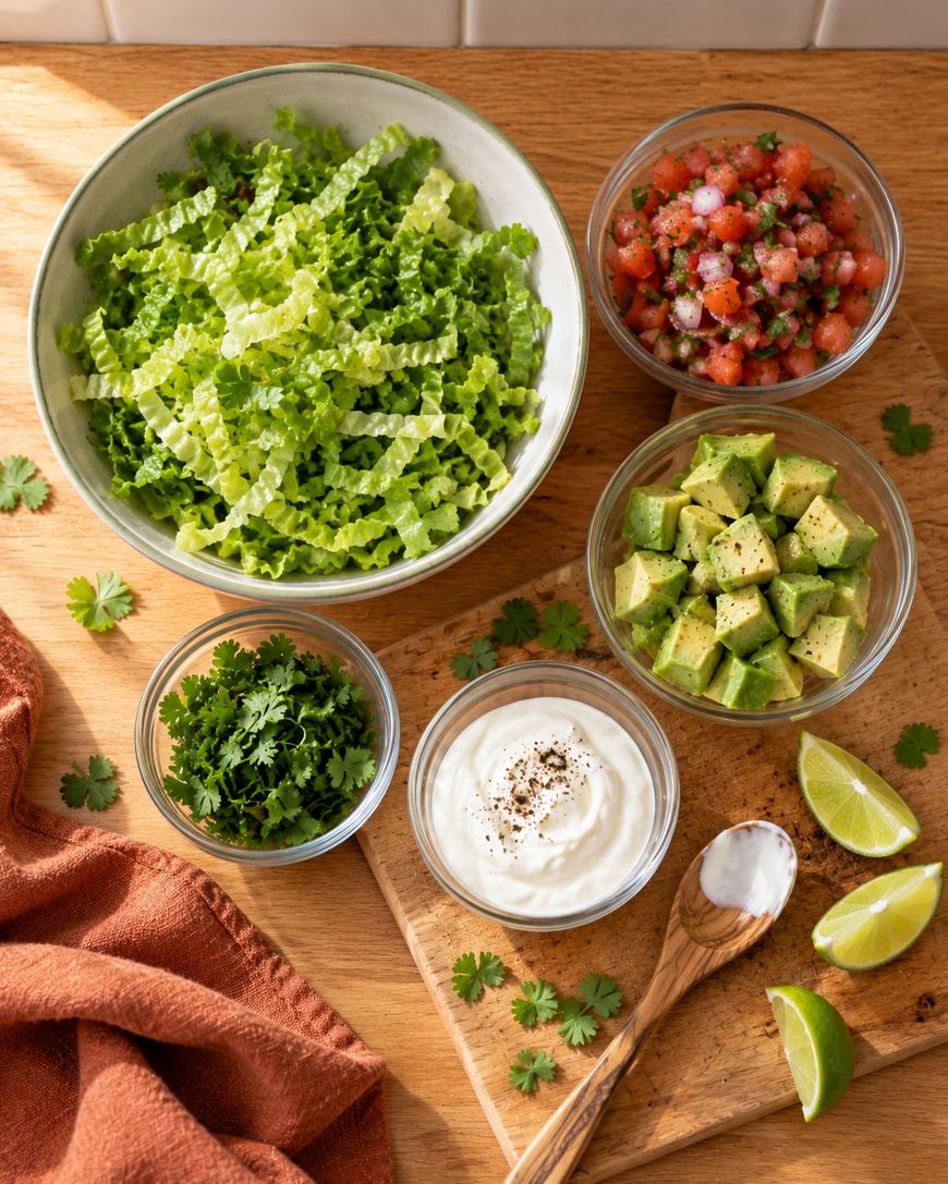 Bowls of chopped lettuce, pico de gallo, diced avocado, cilantro, and sour cream arranged on a wooden cutting board with lime wedges and a spoon.
