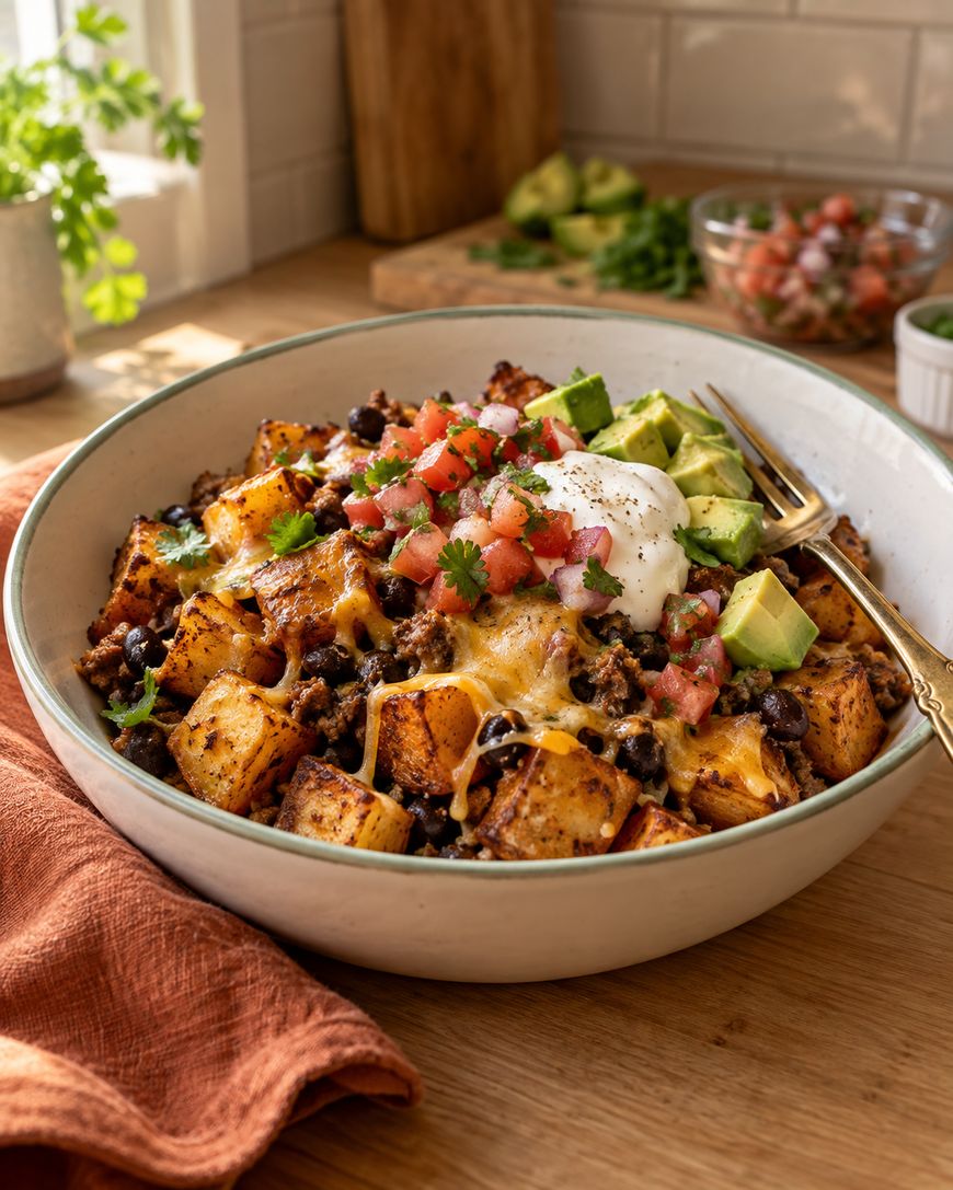 A bowl of potato, black bean, and meat hash topped with melted cheese, diced avocado, pico de gallo, and sour cream.