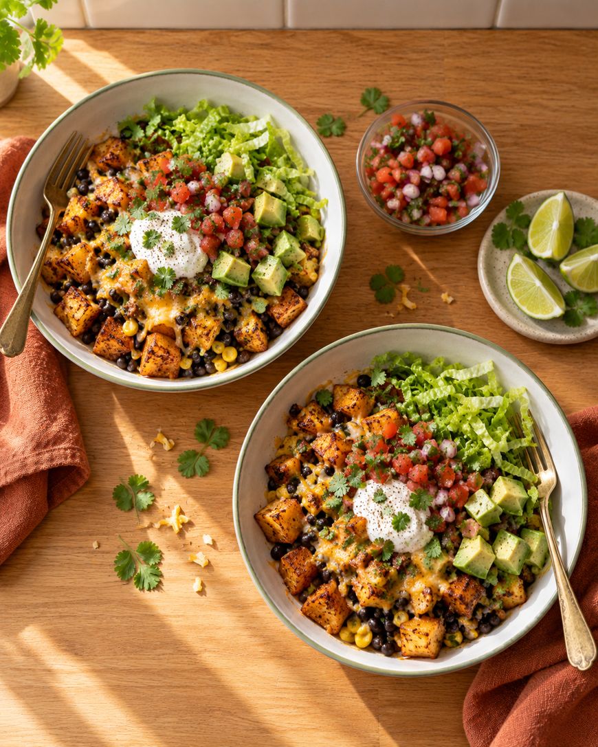 Two bowls of burrito bowls topped with roasted potatoes, black beans, corn, shredded lettuce, avocado, pico de gallo, and sour cream, served with lime wedges and a side of salsa.