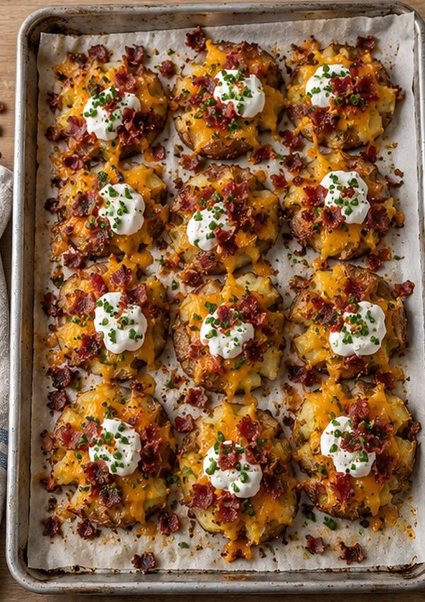 A baking sheet lined with parchment paper holds twelve smashed potatoes topped with melted cheddar cheese, bacon crumbles, sour cream, and chives.