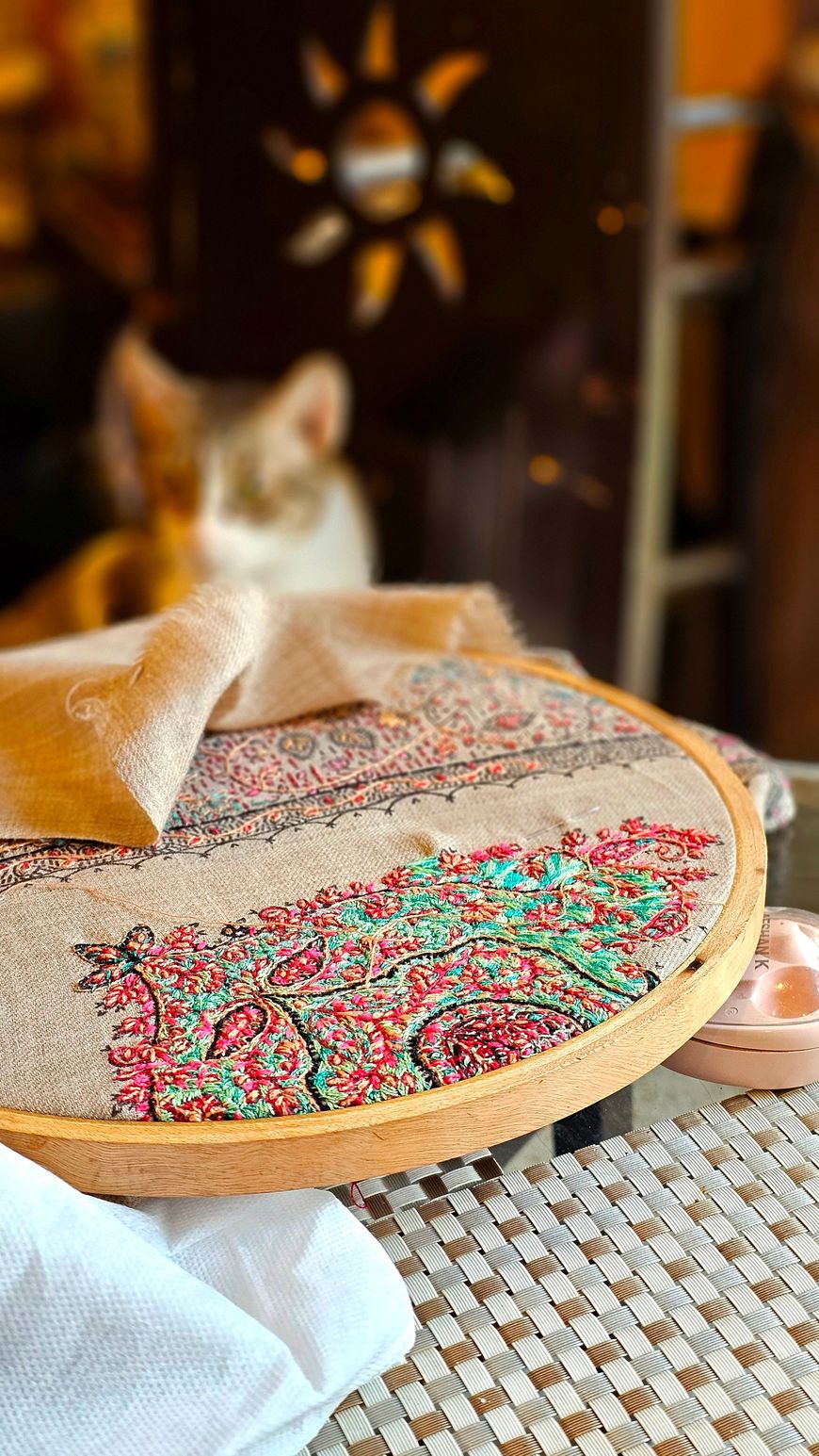 Close-up of a machine embroidery stitching on fabric