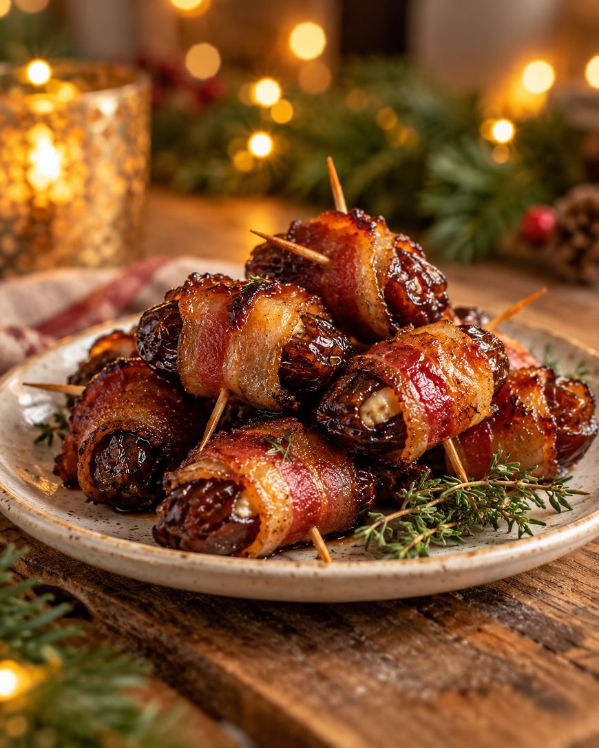 A plate of bacon-wrapped dates secured with wooden toothpicks and garnished with fresh herbs.