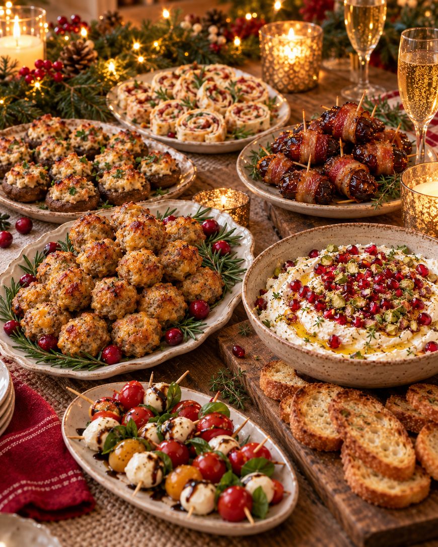 A holiday table spread featuring plates of stuffed mushrooms, bacon-wrapped dates, meatballs, caprese skewers, and a bowl of whipped feta topped with pomegranate seeds and pistachios, served with toasted bread.