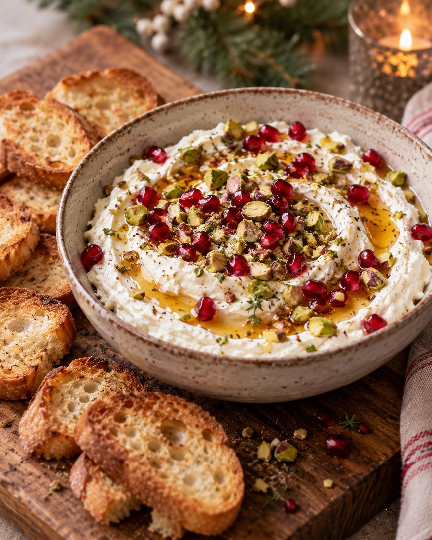 Bowl of whipped feta dip topped with honey, pomegranate seeds, and chopped pistachios, served with toasted bread slices on a wooden board.