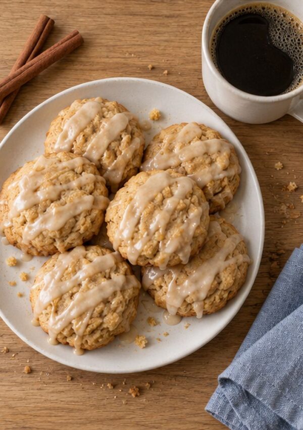 A plate of six glazed oatmeal cookies next to a mug of black coffee and cinnamon sticks.