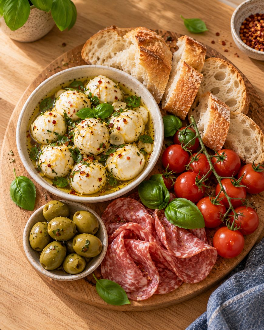 A round wooden board featuring a bowl of marinated mozzarella balls, green olives, sliced salami, cherry tomatoes on the vine, and toasted bread slices.