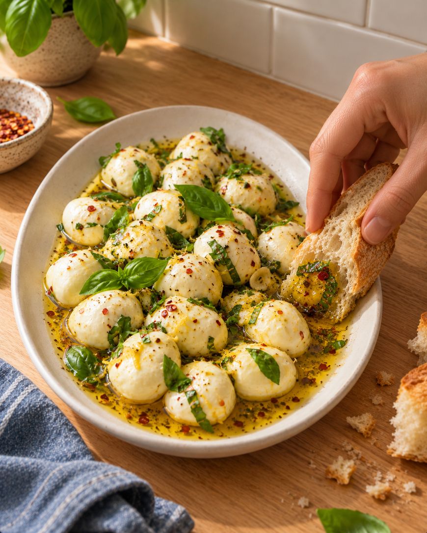 A hand dips a piece of crusty bread into a plate of mozzarella pearls drizzled with herb-infused olive oil and chili flakes.